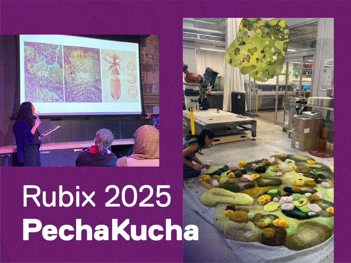 Left: The Creative School alumna Nautica Holdip presents her team project on designing interior elements for the Indigenous Centre of Innovation and Entrepreneurship. Right: The students create tufted textiles for the interior of the Centre..